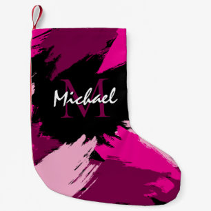 Brushstrokes shades of hot pink name with monogram small christmas stocking