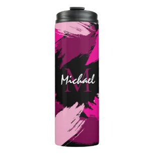 Brushstrokes shades of hot pink name with monogram thermal tumbler