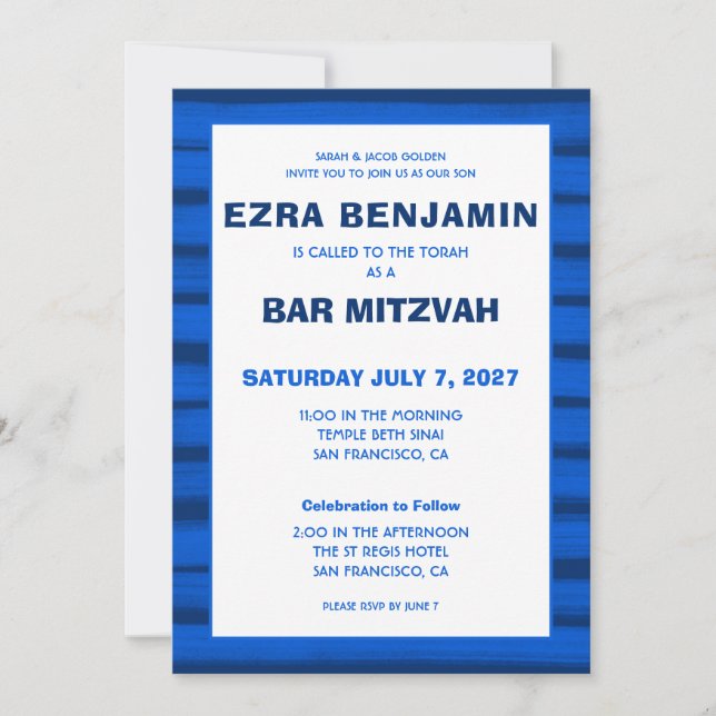 Brushstrokes Stripes Blue Custom Bar Bat Mitzvah Invitation (Front)