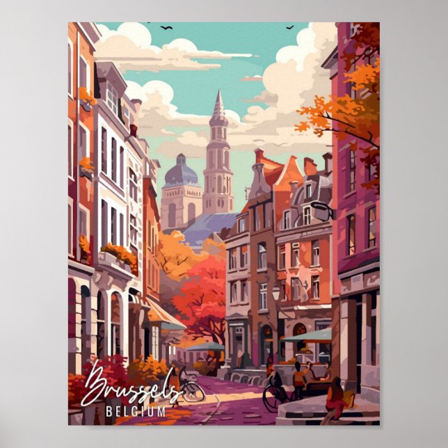 Brussels Belgium Art vintage travel illustration Poster (Front)