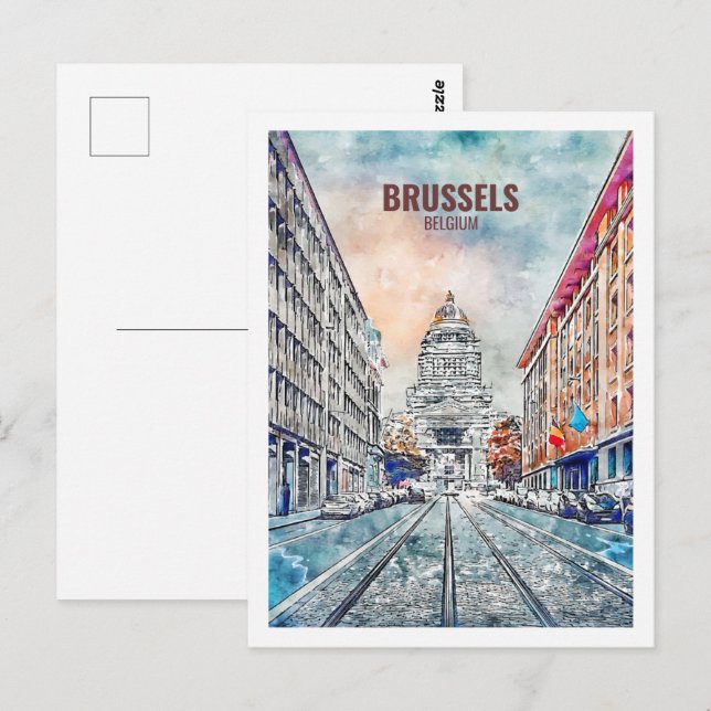 Brussels Belgium Famous Travel Watercolor Sketch Postcard (Front/Back)