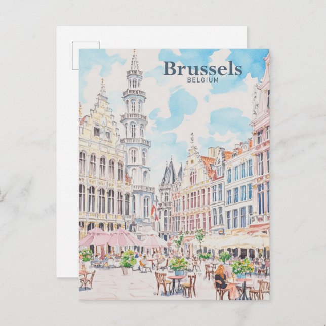 Brussels Belgium Gouache Paint Illustration Travel Postcard (Front/Back)