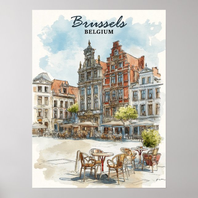 Brussels Belgium – Vintage Watercolor Cityscape  Poster (Front)