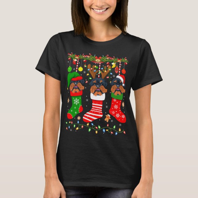 Brussels Griffon Dog In Christmas Socks Lights Xma T-Shirt (Front)