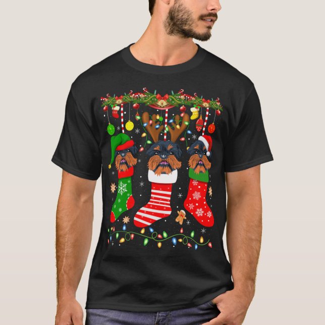 Brussels Griffon Dog In Christmas Socks Lights Xma T-Shirt (Front)