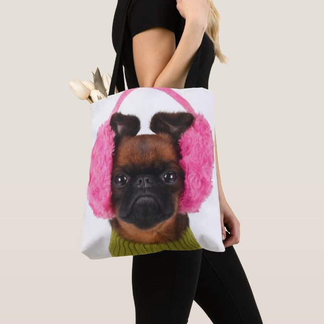Brussels Griffon With Pink Earmuffs Tote Bag (Close Up)