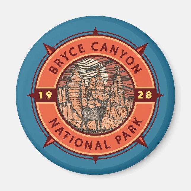 Bryce Canyon National Park Elk Retro Compass Magnet (Front)