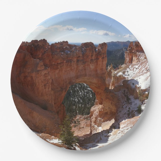 Bryce Canyon Natural Bridge Snowy Landscape Photo Paper Plate (Front)