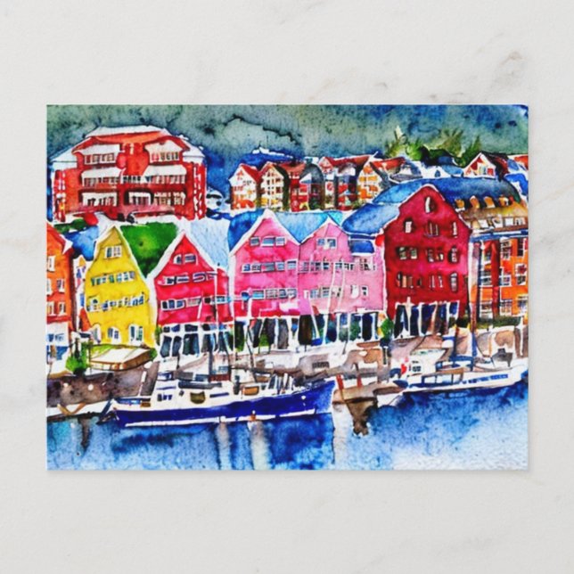 bryggen bergen norway watercolor postcard (Front)