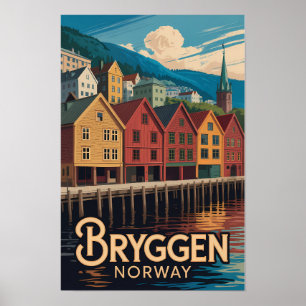 Bryggen Norway Illustration Travel Art Bergen Poster