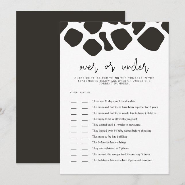 BRYNDLE Cow Print Over Under Baby Shower Game Card (Front/Back)