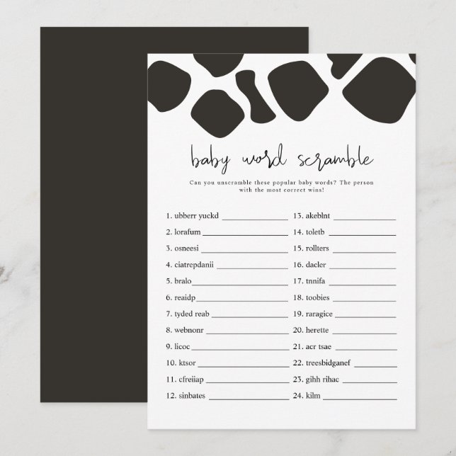 BRYNDLE Modern Cow Print Baby Word Scramble Game   Invitation (Front/Back)