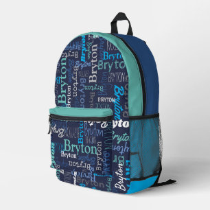 Bryton personalised name dark blue cyan aqua printed backpack