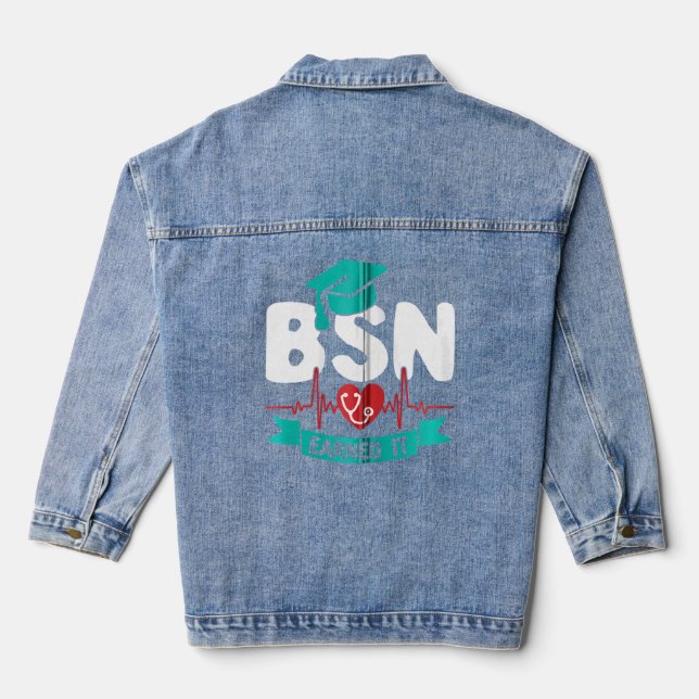 Bsn Bachelor Of Nursing Nurse Rn Heartbeat Earned  Denim Jacket (Back)