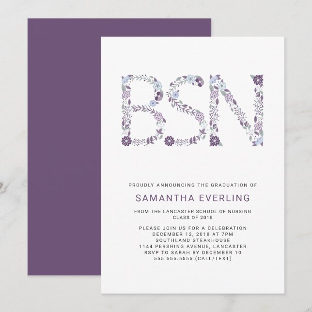 BSN graduation celebration, floral nurse purple Invitation (Front/Back)