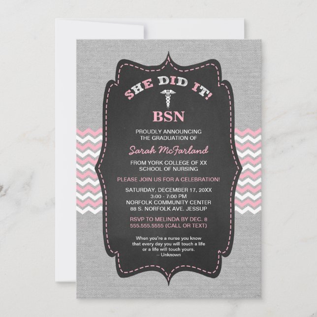 BSN Nurse graduation invites, PINK grey chalkboard Invitation (Front)
