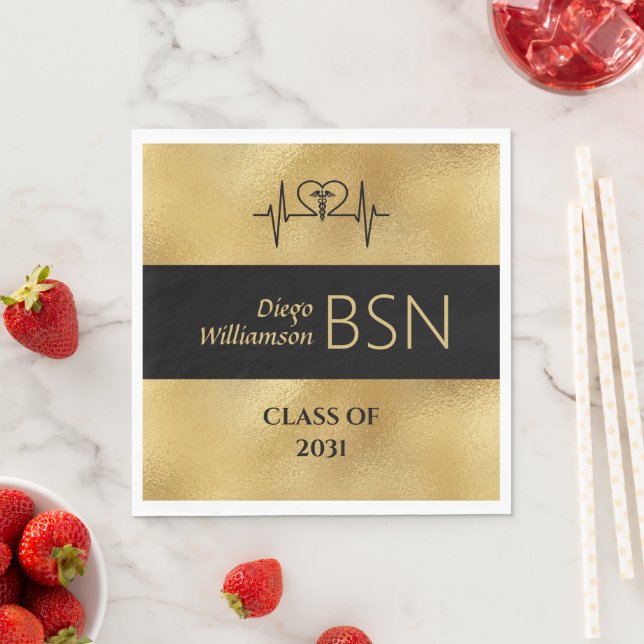 BSN NURSE Graduation RN LPN Name Black Faux Gold Napkin (Insitu)