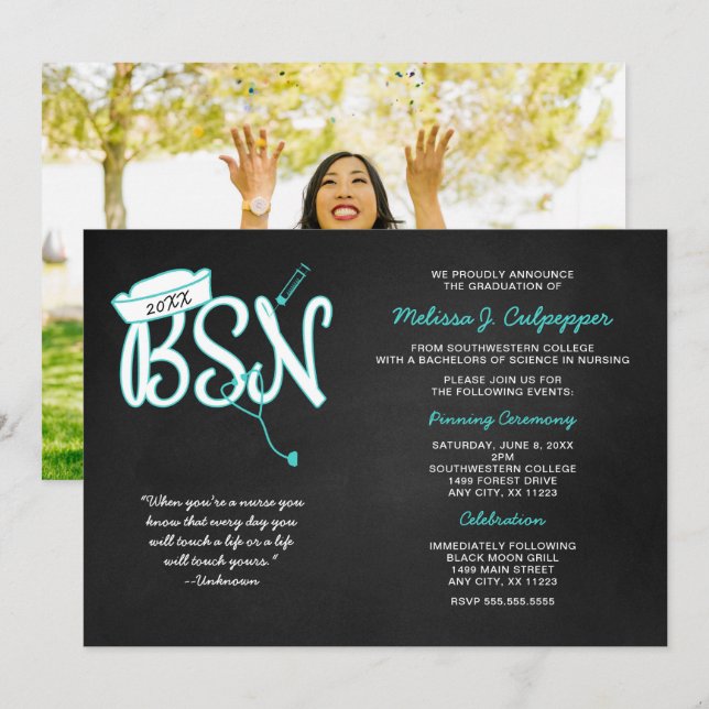 BSN photo graduation celebration, turquoise Invitation (Front/Back)