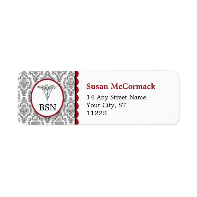 BSN RN LPN Damask Caduceus Black Burgundy (Front)