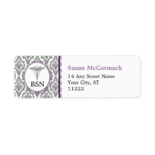 BSN RN LPN Damask Caduceus Black Lavender