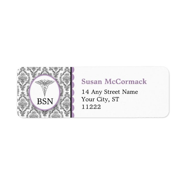 BSN RN LPN Damask Caduceus Black Lavender (Front)