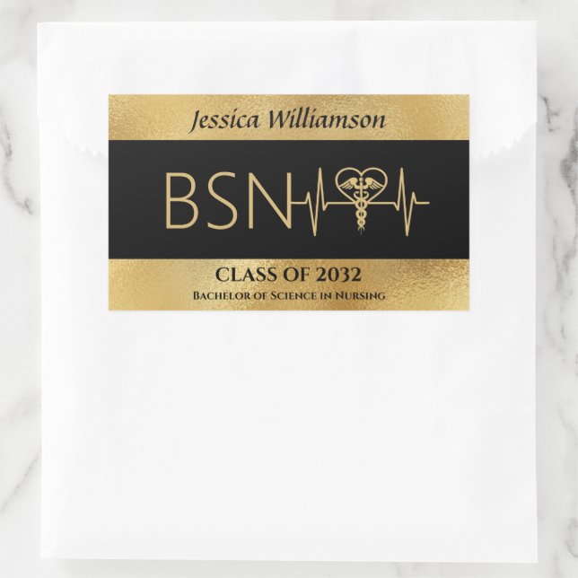 BSN RN LPN Nurse Graduton Party Elegant Black Gold Rectangular Sticker (Bag)