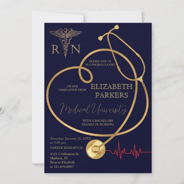 BSN RN Navy Gold Nursing Graduation Party Invitation (Front)