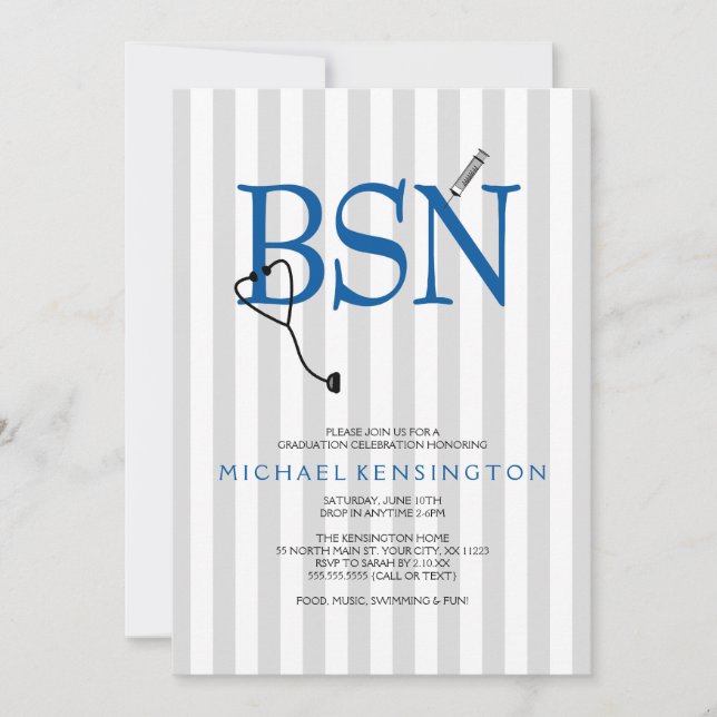 BSN RN nurse graduation invites / GREY STRIPES (Front)