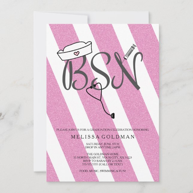 BSN RN nurse graduation invites hot pink glitter (Front)