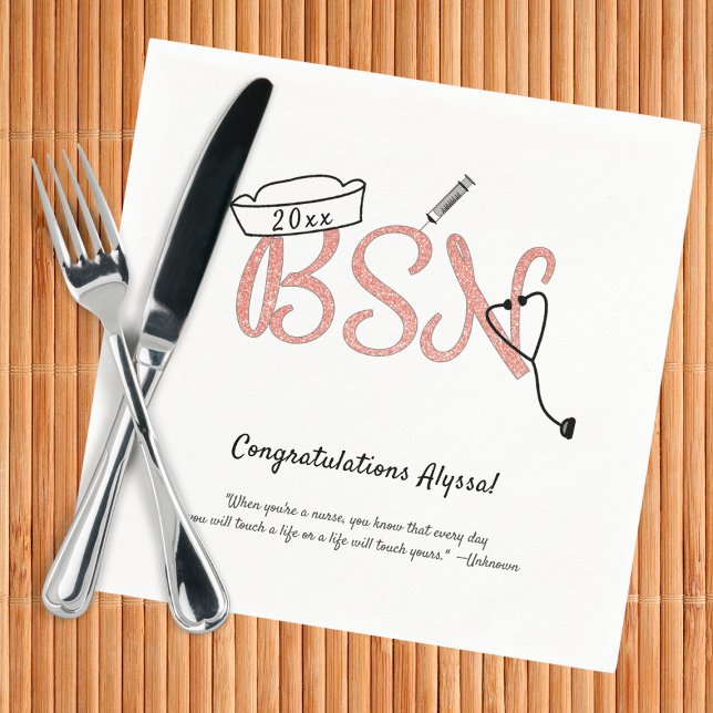 BSN Rose Gold Glitter nurse graduation party decor Napkin (Creator Uploaded)