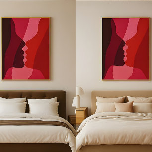 bstract Kissing Silhouettes in Red & Magenta Poster