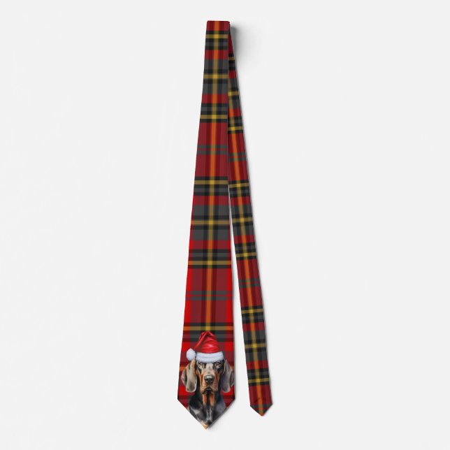 BT Coonhound Dog Lover Red Green Plaid Christmas Tie (Front)