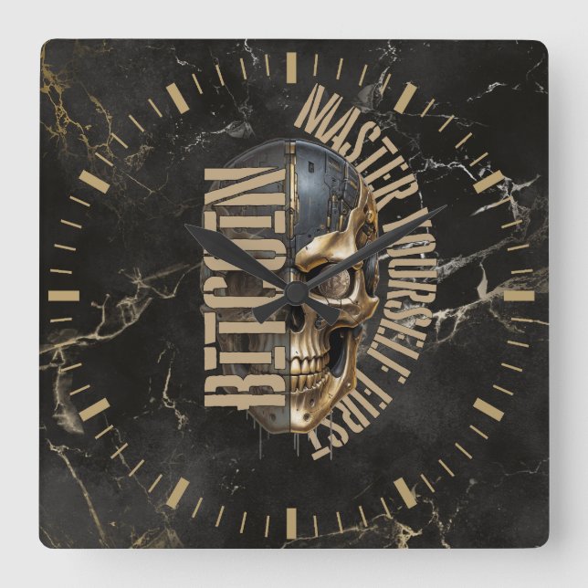 BTC motivation | Skull | Gold Marble Square Wall Clock (Front)