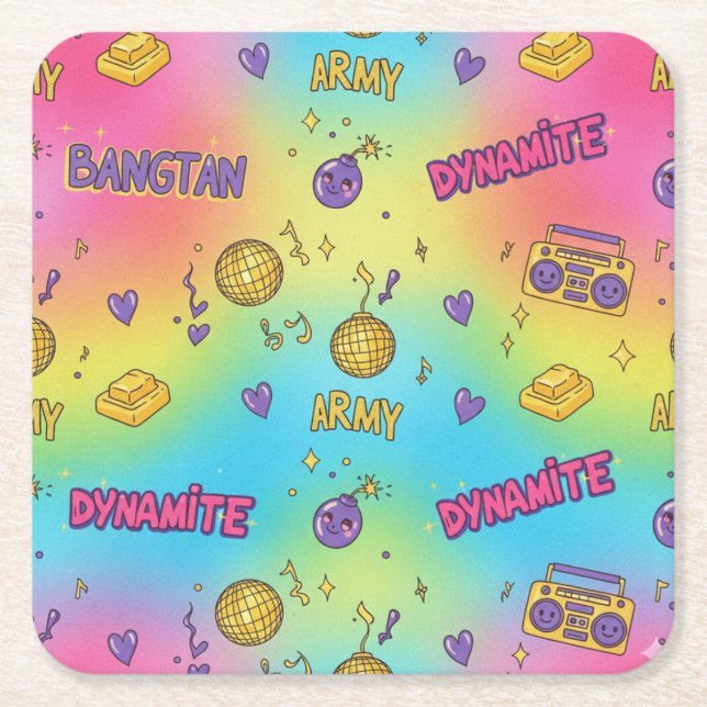 BTS Dynamite Disco Party Seamless Pattern Square Paper Coaster (Front)