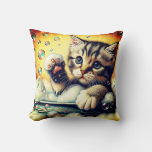 “Bubble Bath Kitten - Whimsical Bath Time Art” Cushion
