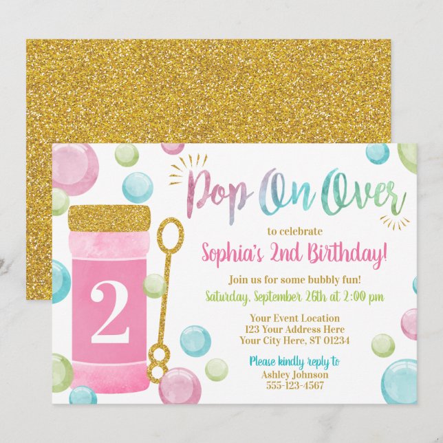 Bubble Birthday Invitation | Watercolor Pink, Girl (Front/Back)