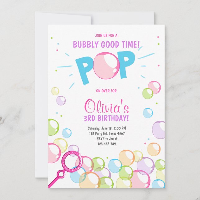 Bubble Birthday Party Invitation POP Birthday Girl (Front)