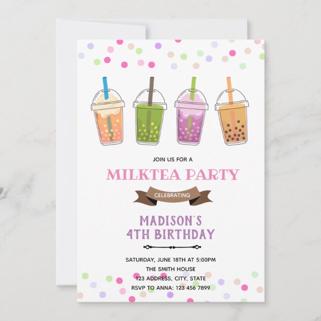 Bubble boba milk tea girl birthday party invitation (Front)