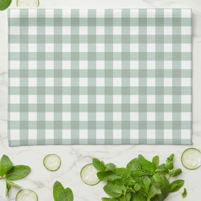 Bubble Frogs Gingham - sage laurel green plaid.  Tea Towel (Folded)