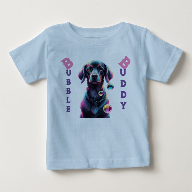 Bubble Fun: Cute Black Dog Adventure Baby T-Shirt (Front)