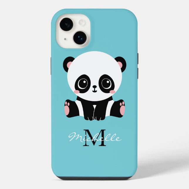 Bubble Gum Blue Panda Monogram Personalised Name iPhone Case (Back)