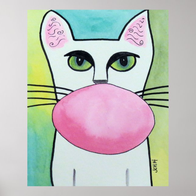 Bubble Gum Cat in Green Original Art Poster (Front)