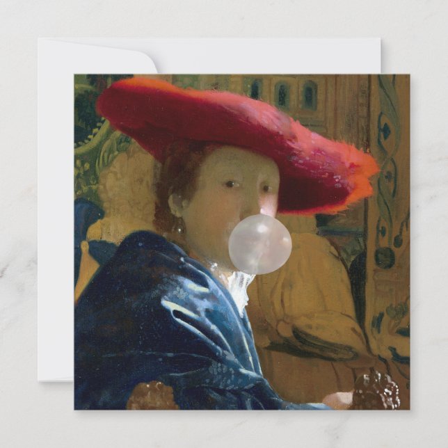 Bubble gum Diva in a red hat blowing a bubble gum Holiday Card (Front)