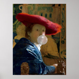 Bubble gum Diva in a red hat blowing a bubble gum Poster