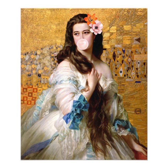 Bubble Gum Diva with Two Flowers in Gold Photo Print (Front)