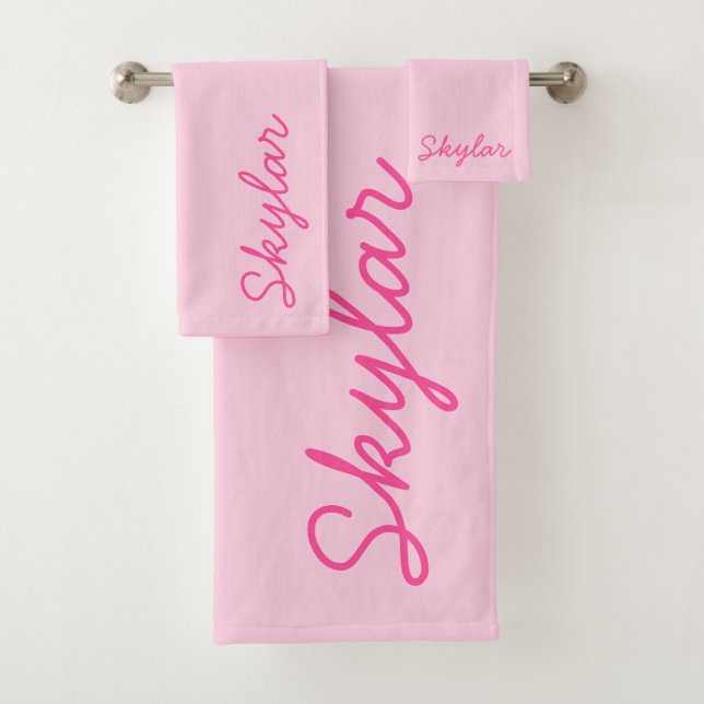 Bubble Gum Pink Hot Pink Custom Cursive Name Bath Towel Set (Insitu)