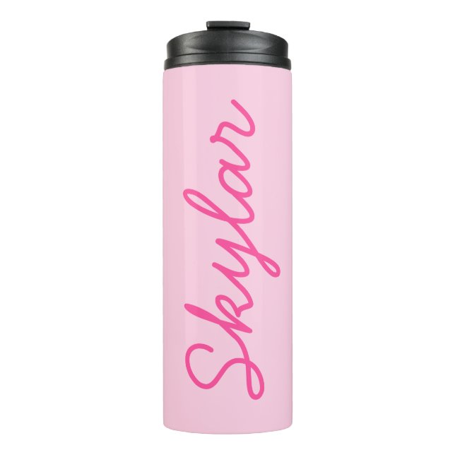 Bubble Gum Pink Hot Pink Custom Cursive Name Thermal Tumbler (Front)