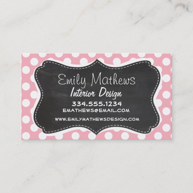 Bubble Gum Pink Polka Dots; Retro Chalkboard Business Card (Front)