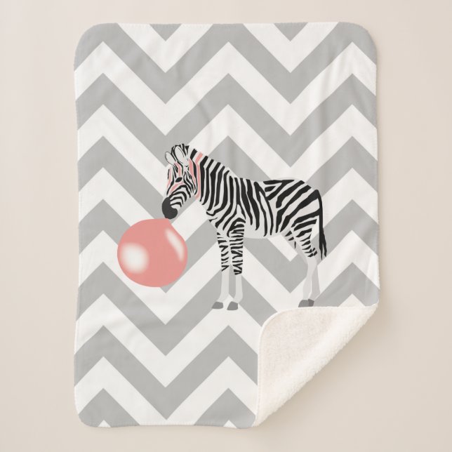 Bubble Gum Zebra Blowing Bubble Sherpa Blanket (Front)