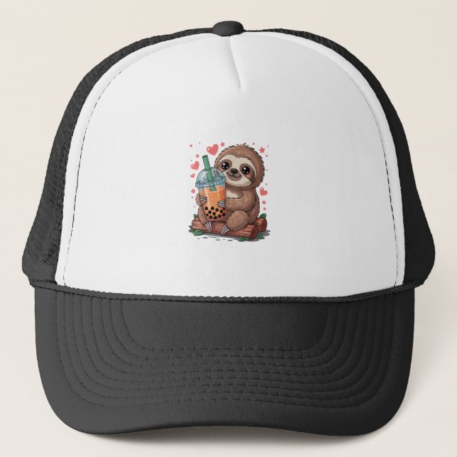 Bubble Kawaii Sloth Drinking Boba Tea T-Shirt Trucker Hat (Front)